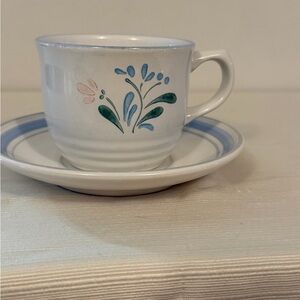 1980’s Vintage teacup/flatcup and saucer set.  Blue, pink, and green floral